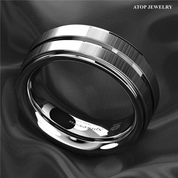 Men's Wedding Band Rings - Vertical Brushed Meteorite Design - Wedding Rings - Picture 4 of 7